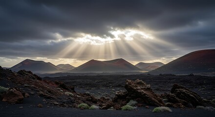 Dramatic landscape sunbeams burst through cloudy sky over volcanic terrain