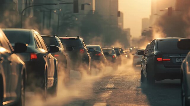 Traffic jam in the city with cars emitting smoke, highlighting air pollution issues