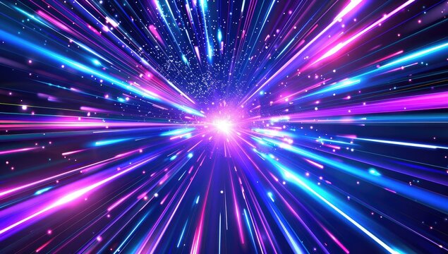 A vibrant, abstract depiction of light streaks radiating from a central point, resembling a hyper-speed journey through a cosmos of sparkling particles