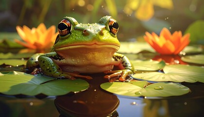 Frog on lily pads in pond