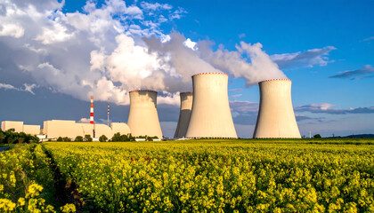 Nuclear power plant with four cooling towers emitting vapor, set in green rural landscape under blue sky.