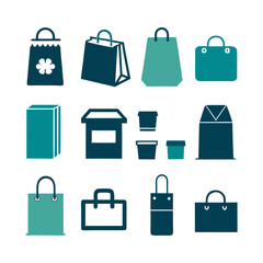 Stylized shopping bags and boxes in two tone color scheme