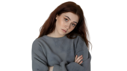Young woman with long brown hair, looking sad and thoughtful, isolated on transparent background