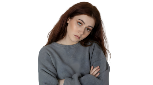Young woman with long brown hair, looking sad and thoughtful, isolated on transparent background