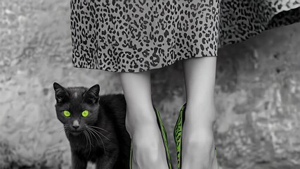 A stylish woman in leopard-patterned green shoes poses with a black cat, showcasing detailed fashion photography in 8k resolution