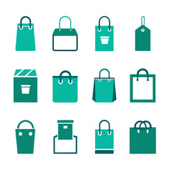 Minimalist shopping bag icon set in green and teal