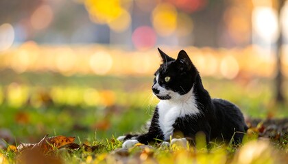 A tuxedo-patterned feline rests in a green grassy area, with soft sunlight and blurred background foliage. The cat gazes intently to the side, relaxed pose