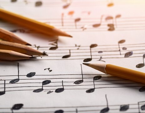 close up of drawn music notes with pencils lying on a sheet of paper