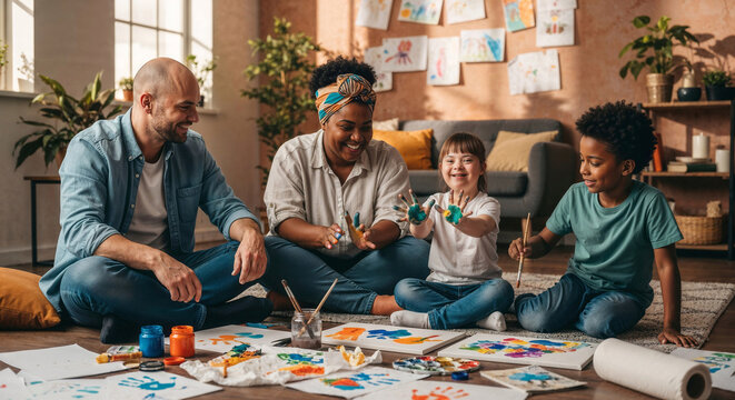 Happy diverse family, multiethnic parents sitting on the floor with their children while painting colorful handprints on canvas at home
