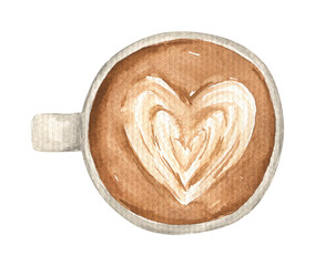 Watercolor coffee cup with cappuccino and heart latte art. Autumn cozy drink. Seasonal hand drawn illustration. Perfect for greeting cards, invitation, poster, textile, stickers	