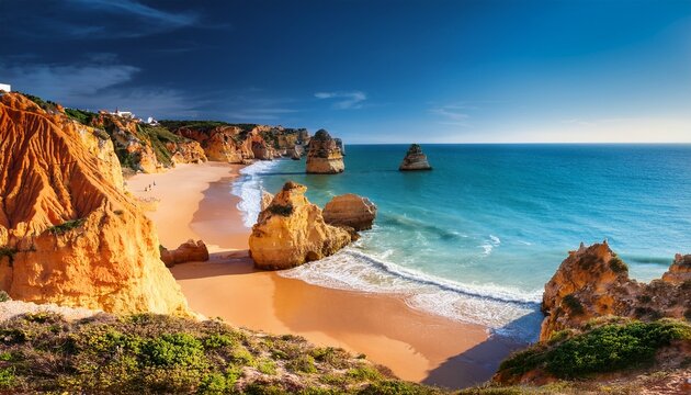 landscape with praia do camilo famous beach in algarve portugal travel concept