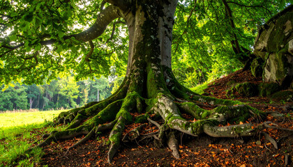 Majestic tree with sprawling roots and sunlit canopy in lush green landscape with dappled light and shadows.