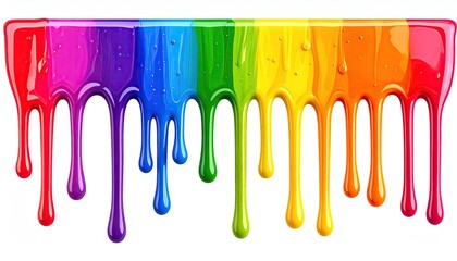 A vibrant horizontal band of rainbow-colored paint drips down, showcasing a spectrum of hues against a stark white background.  The paint's glossy texture is clearly visible in the individual drips