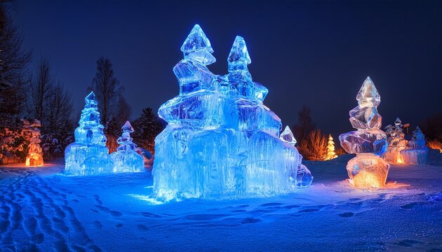 Illuminated Ice Sculptures In A Winter Wonderland