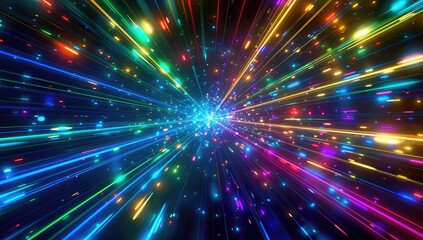 Fototapeta premium A vibrant, multicolored light streak explosion from a central point, radiating outwards into a dark background, creating a sense of speed and energy