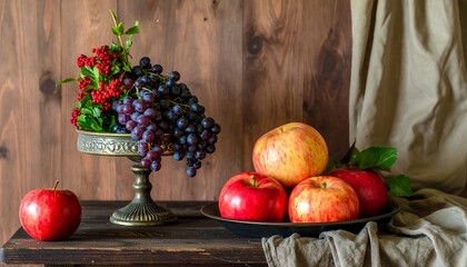 Still life of grapes, apples, and berries