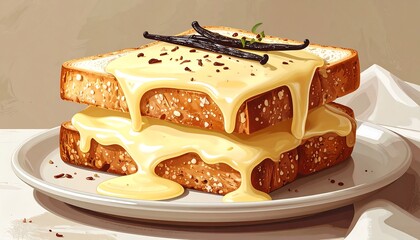 A two-piece toast stack, smothered in rich yellow sauce with dark flecks and vanilla bean accents, presented on a white plate