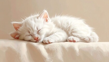 A fluffy, white feline kitten peacefully sleeps on a draped cloth. The soft light highlights its fur