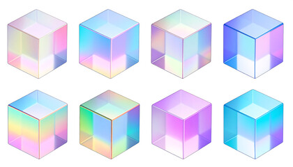 Colorful 3D geometric shapes—cubes and prisms—arranged in grid with iridescent gradients and transparent effects.