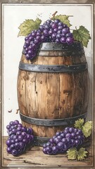 Still life of grapes in a wooden barrel