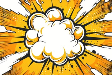 A vibrant, radial burst of yellow and orange surrounds a large, central white cloud, evocative of a comic book explosion or impact effect.  The style is dynamic and energetic