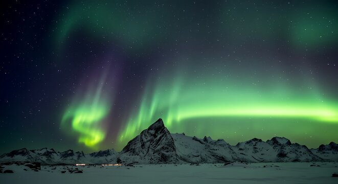 Spectacular aurora borealis display over snowy mountains at night - Powered by Adobe