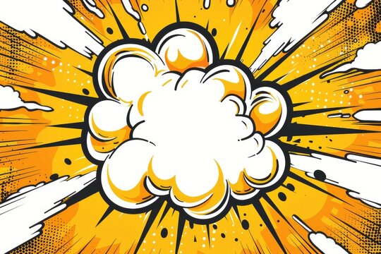 A vibrant, radial burst of yellow and orange surrounds a large, central white cloud, evocative of a comic book explosion or impact effect.  The style is dynamic and energetic