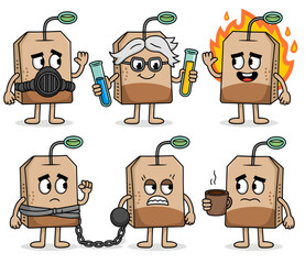 A collection of six cartoon tea bag characters expressing various emotions and situations.