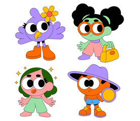 A vibrant collection of four modern cartoon characters in a sticker style, featuring a purple bird, a green-skinned girl, and two other whimsical figures.