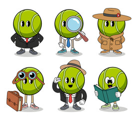 Collection of six cartoon tennis ball characters depicted in various roles like businessman, detective, traveler, and reader, on a white background.