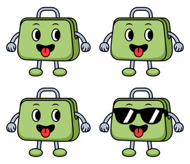 Four cartoon illustrations of a green suitcase with arms, legs, and a face, showing different expressions and one wearing sunglasses.