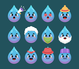 A collection of twelve cute cartoon water drop characters displaying various emotions and wearing different accessories.