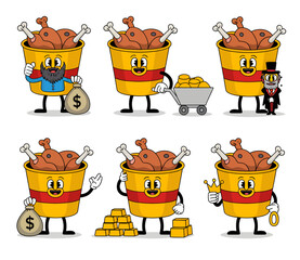 A collection of six cartoon buckets of fried chicken, each with unique accessories and poses, suggesting themes of wealth and success.