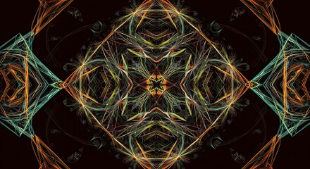 Abstract geometric artwork with symmetrical patterns and vibrant color gradients