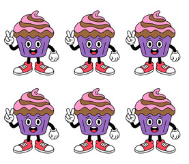 Six cartoon cupcakes with faces, arms, legs, shoes, and peace signs, all in a row.