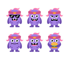 A collection of six cute purple monster characters displaying various emotions and actions.