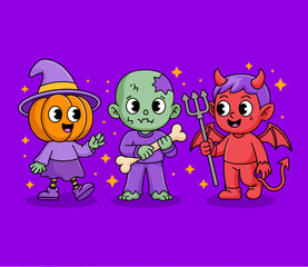 Three cute cartoon Halloween characters: a pumpkin witch, a zombie, and a devil on a purple background.