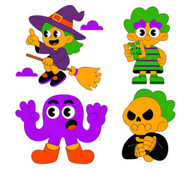 A vibrant set of four groovy cartoon Halloween characters including a witch, monster, and skeleton.