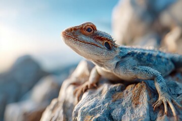 Obraz premium Bearded dragon basking on a rock at sunset