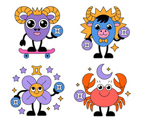A set of four retro cartoon zodiac characters, including a ram, bull, flower, and crab, all holding the Gemini astrological sign.