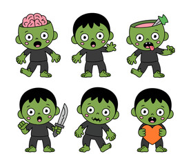 Cartoon zombies with various features and expressions on a white background.