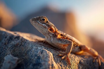 Naklejka premium Bearded dragon basking on a rock at sunset