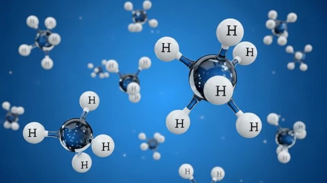 Dynamic methane molecules animate in science education and research, showcasing chemical bonds and molecular structures with vibrant blue background.
