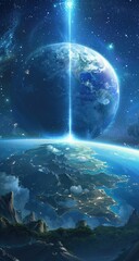 A vibrant, stylized depiction of a planet Earth-like world, bathed in an ethereal, celestial beam of light emanating from the cosmos above, creating a dramatic and otherworldly atmosphere