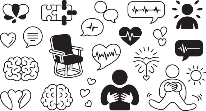 Black and white doodle icons of hearts brains puzzle pieces and people with medical symbols vector