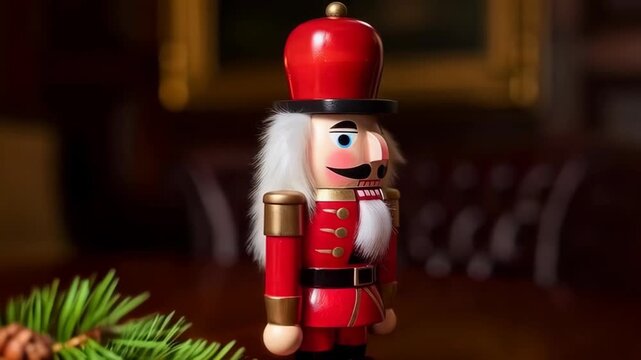 traditional nutcracker soldier with pine branch on wooden table, warm christmas ambiance