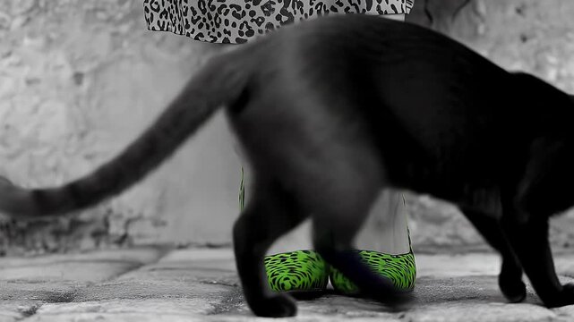 A striking black cat with green eyes wraps its tail around a woman's leg, showcasing her leopard-patterned green shoes in a detailed black and white fashion photo