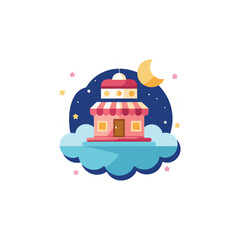 Naklejka premium Cartoon mosque illustration on cloud with moon and stars Ramadan theme