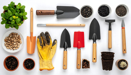 Gardening tools and small plant with bulb arranged neatly on white background for cultivation and planting.