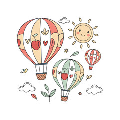 Cute hot air balloons with hearts leaves and happy smiling sun